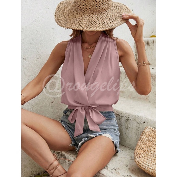 Pink V-Neck Surplice Tie Waist Top - Picture 2 of 8